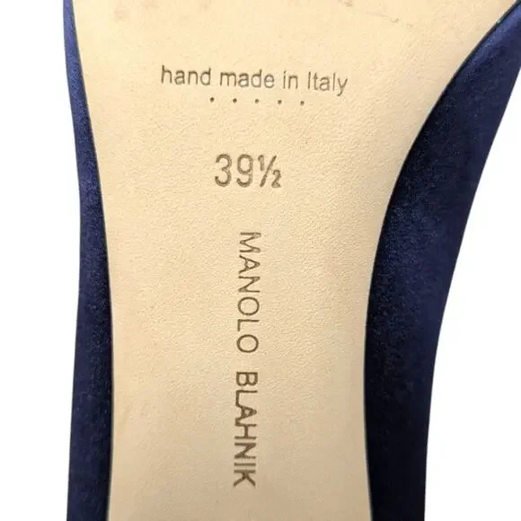 Manolo Blahnik Okkato Jeweled Buckle Crepe de Chine Low Heel Pump Navy 39.5 | 9 - Picture 9 of 12